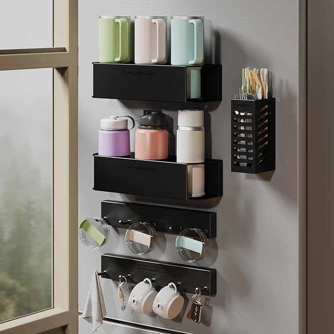 Magnetic Cup Holder for Fridge for 20/30/40 oz Stanley Tumblers Water Bottle Holders & Lid Hook Organizers 2 Pack with Straw Accessories Storage (6 Cups, 10 Hooks)