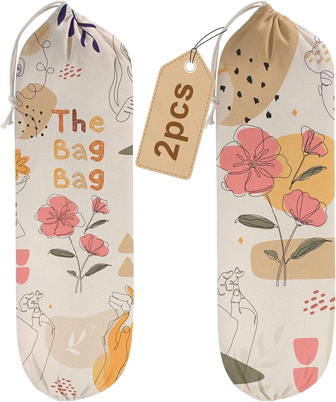 2PCS Boho Plastic Bag Holder for Kitchen Essentials, Reusable Hanging Grocery Bag Organizer, Washable Large Grocery Trash Garbage Bags Storage Dispenser Boho Kitchen Decor-07