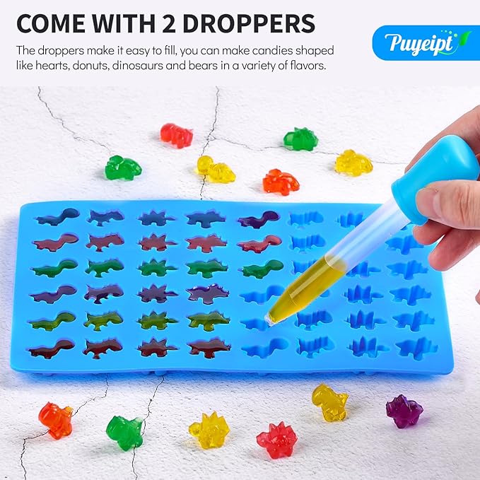 Puyeipt 4 PCS Silicone Gummy Candy Molds, 201 Cavities Non-Stick Mini Size Gummy Bear, Dinosaur, Heart and Donut Molds with 2 Droppers for Small Hard Candies, Jello, Chocolates
