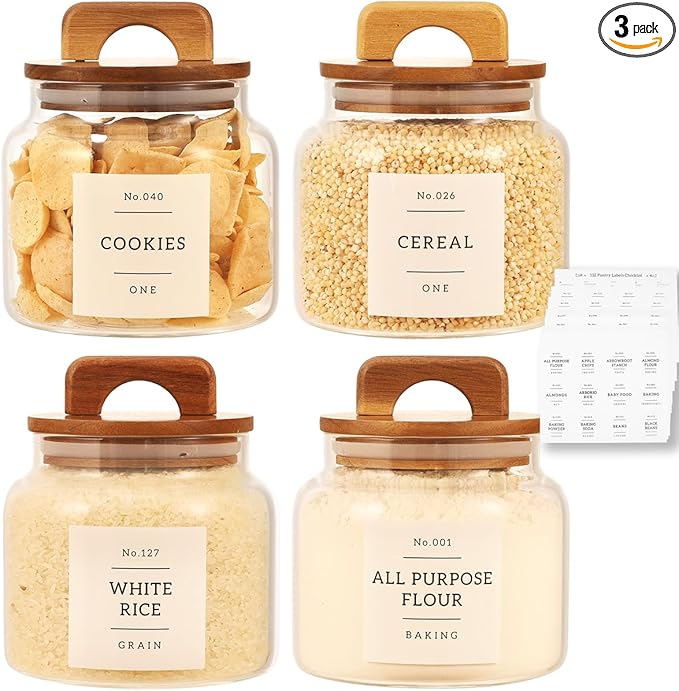 4 Pack Glass Pantry Storage Containers with 132 Pantry Labels - 37 FL OZ Kitchen Glass Canisters with Bamboo Airtight Lids - Farmhouse Glass Pantry Jars for Cookie, Rice, Pasta, Cereal, Bath Salt