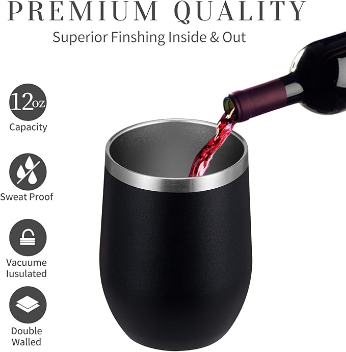 MEWAY 12oz/12 Pack Wine Tumbler Glasses with Lid -Double Wall Vacuum Stainless Steel Travel Tumbler Mug,Stemless Insulated Wine Cup for,Coffee,Cocktails,Gifts (Black,Set of 12)