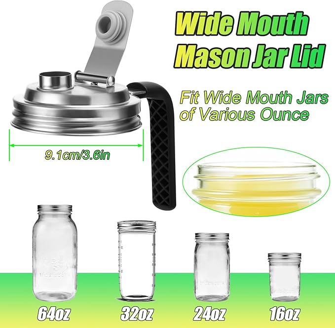 Mason Jar Pour Spout Lid Stainless Steel with Handle, Wide Mouth Pour Spout Flip Cap Lids for Mason Jars, Anticracking Leak Proof Seal Cover Airtight for Drinking Salad Dressing & Food Storing(2PCS)