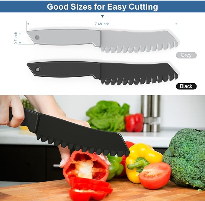 2 pcs Plastic Knife for Nonstick Pans lettuce knife with serrated Blade Plastic Knife Set for Cutting Fruits, Veggies and Bread, Black and Grey