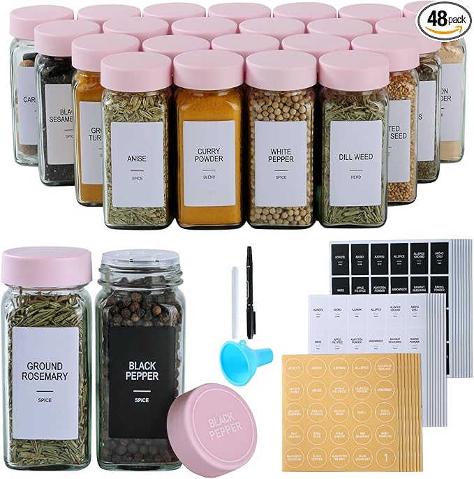 48 Glass Spice Jars with Labels, Spice Jar Set, 4oz Seasoning Containers, Spice Containers with Pink Airtight Lids and Shaker Lids, Square Empty Spice Bottles, 492 Labels, 1 Funnel