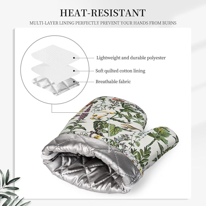 Vintage Botanical Oven Mitts and Pot Holders Set Silicone Heat Resistant Plants Herbs Mushroom Sage Green Leaf Ferns Kitchen Gloves Set Boho Retro Wildflower Kitchen Mittens Pot Holders