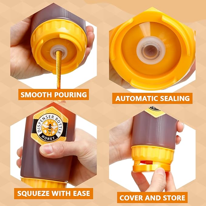 SiliFine 8 Pcs Honey Dispenser No-drip with Lid, Honey & Syrup Squeeze Bottle, Refillable Condiment Bottle Bpa-free, More Hygienic for Sauces Ketchup Kitchen Pancakes Salad Dressings (18 oz)