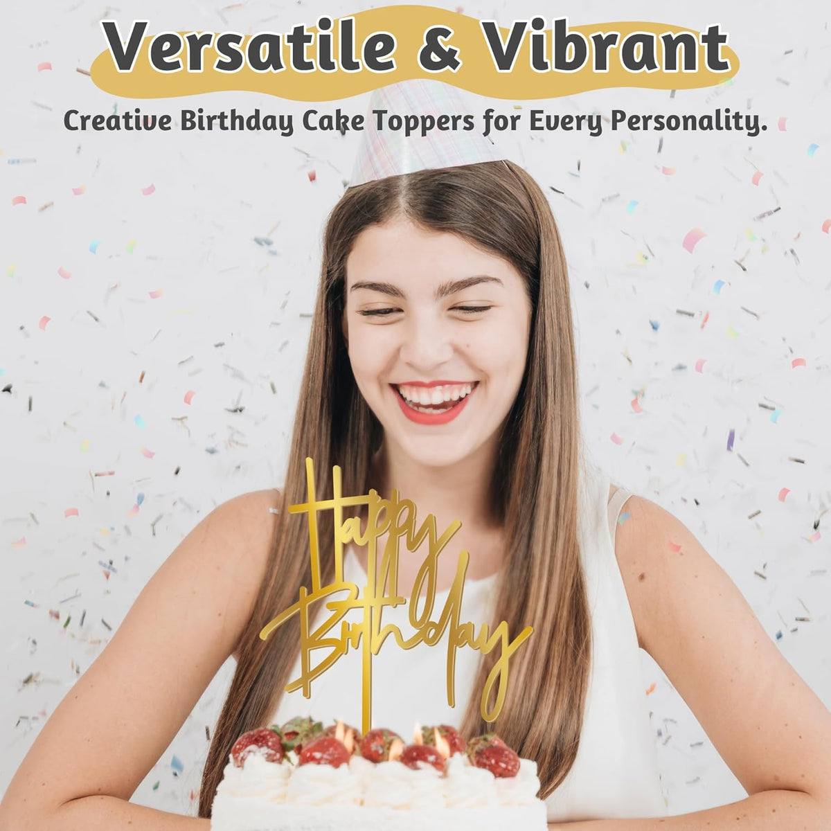 1PCS Gold Birthday Cake Topper, 5.3 x 7.2 Inches Acrylic Happy Birthday Cake Sign, Glitter Mirror Cake Topper Decorations for Anniversary, Bridal Shower, Birthday Party Supplies