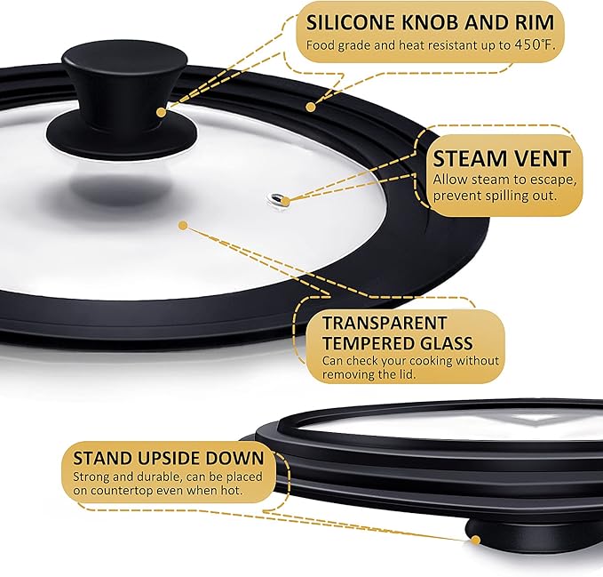 Ydeapi Universal Lid for Pots, Pans and Skillets, Pot Lid With Heat Resistant Silicone Rim and Tempered Glass, Fits 8", 8.5", 9.5" Diameter Pots and Pans