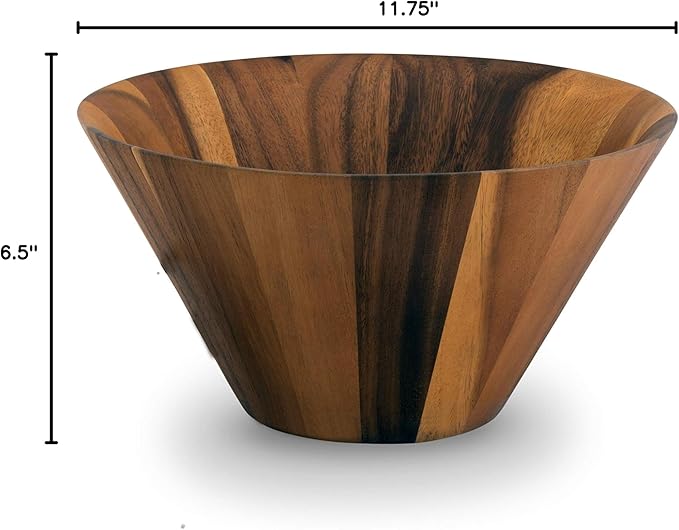 Arthur Court Acacia Wood Serving Bowl for Fruits or Salads Straight Angle Shape Style Large 12 inch Diameter x 7.5 inch Tall Wooden Single Bowl