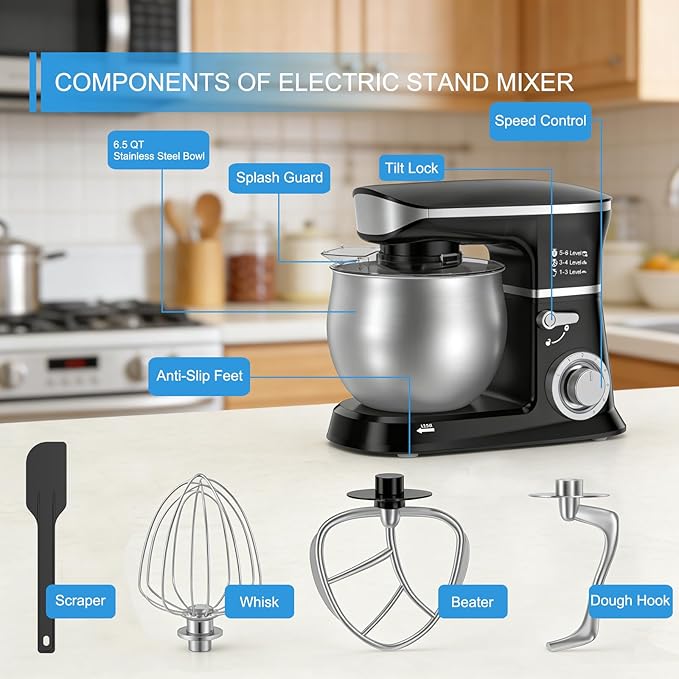Electric Stand Mixer, Kitchen Mixer 6.5-Quart Tilt-Head, 6 Speeds with Dough Hook, Whisk, Beater, and Splash Guard, Stainless Steel Bowl for Baking—Perfect for Baking Bread, Cookies, Cakes