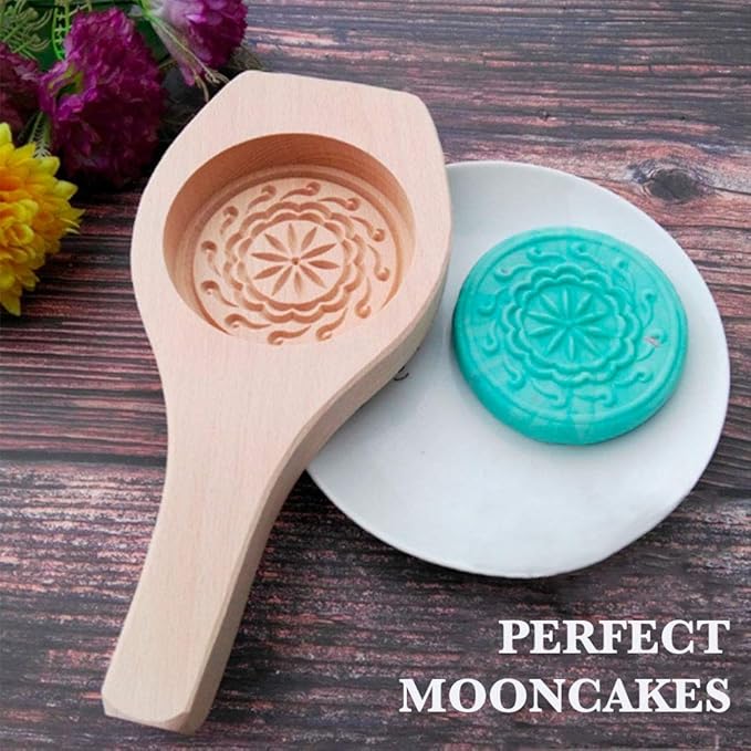Killer's Instinct Outdoors Carved Round Wooden Mould Press Mooncake Mold Middle Eastern Cookie & Cake Mold 2-1/2" Diameter 1/2" Depth Maamoul Cookie Spoon
