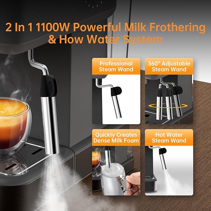 MAttinata Espresso Machine 20 Bar, Espresso Coffee Maker with Professional Milk Frother Steam Wand for Cappuccino & Latte, 60oz Removable Water Tank for Home，Stainless Steel