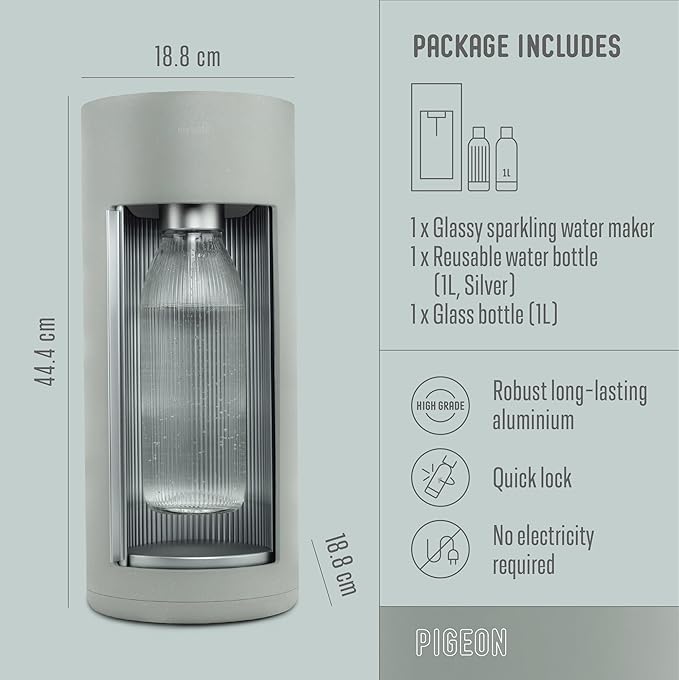Mysoda Glassy Soda Streaming Machine + 1L Glass and 1L Plastic Bottle - Silent Carbonated Water Machine Soda Maker with Sliding Door Opening - No Cylinder Included - Pigeon