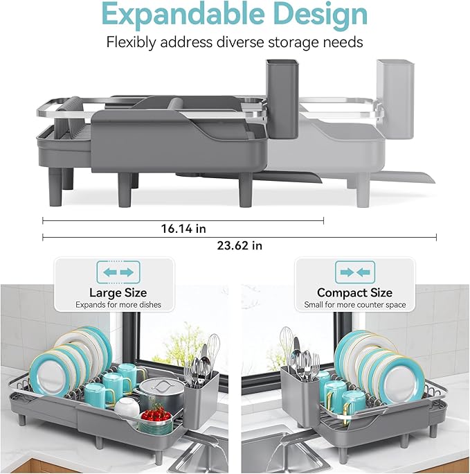 Urackify Expandable Dish Rack for Kitchen Counter, 16.14"-23.62" Large Stainless Steel Dish Drying Rack with Adjustable Water Spout, Space Saving Dish Drainer with Auto Draining Cutlery Holder,Grey