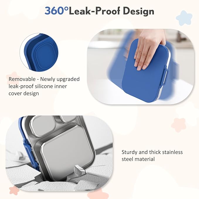 Howeemo Stainless Steel Bento Box Kids, Leak Proof Metal Bento Lunch Box,3 Compartments 304 Stainless Steel Bento Lunch Containers for School and Office, BPA-Free(Blue)