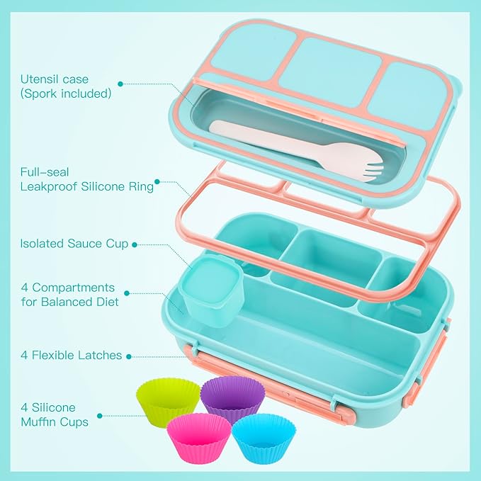 MaMix Bento Lunch Box - Adult & Kids Lunch Containers, 4 Compartment, 1300ML (Pastel Blue)