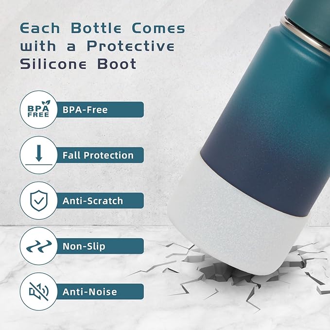 Volhoply 14oz KIds Stainless Steel Insulated Leakproof Bottles Water Bottle with Straw Lid and Silicone Boot,BPA-Free Easy Use for Boys&Girls,Double Wall Vacuum Bottles(Dark Night,1)