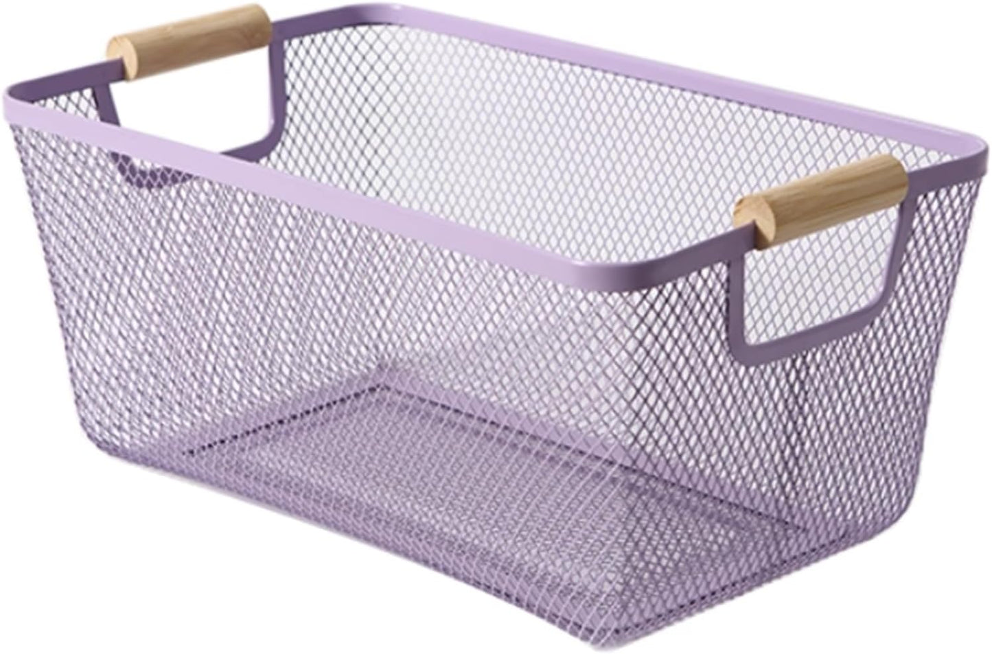 Metal Mesh Steel Basket, Medium Wire Storage Organizer Basket Multi-function Hanging Kitchen Basket with Wood Handle for Kitchen Bathroom Picnic Home, Rectangle-Purple