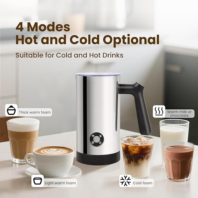 Milk Frother, 4-in-1 Milk Frother and Steamer, 10.6oz Electric Milk Steamer, Automatic Cold and Hot Foam Maker for Lattes, Cappuccinos, Ceramic Lining Interior (Polished)