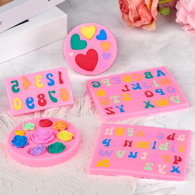 5 PCS Silicone Letter Molds, Non-Stick Number Heart Rose Flower Fondant Molds for Chocolate, Candy, Cake Decoration, Cupcake Topper