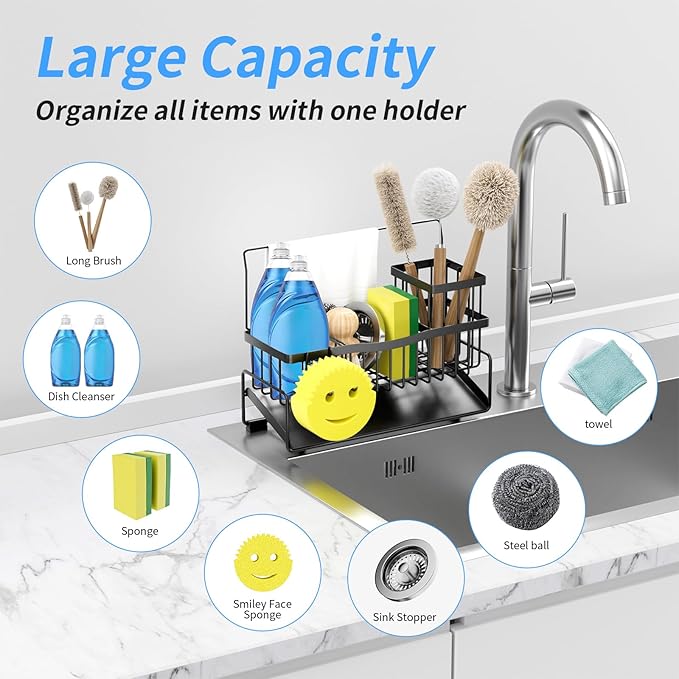 Sponge Holder for Kitchen Sink 304 Stainless Steel Self-Draining Sink Caddy with Smiley Face Sponge and Brush Holder Towel Bar and Divider Kitchen Gadgets Organizer for Countertop, Black