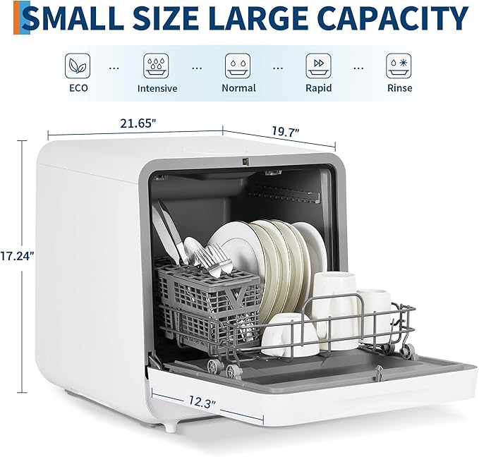 Portable Countertop Dishwasher – No Installation Needed, 2 in-1s Self-Priming & Dual Water Inlet Modes, 72℃ Hot Air Drying, Compact for Home, Apartment, RV Use with Large Display