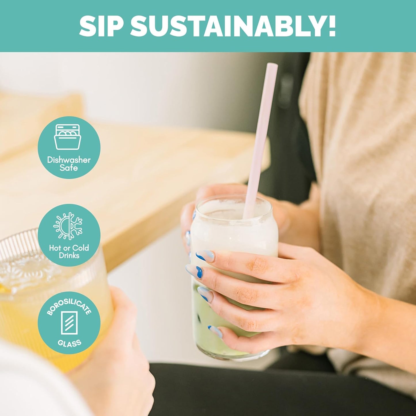 Simply Straws 10 Inch Glass Straws Bent (6-Pack) – Reusable Glass Straws for 24 Oz Mason Jars & Tumblers, with Cleaning Brush – Durable, Dishwasher Safe, Hot & Cold Use, BPA-Free (Iridium)