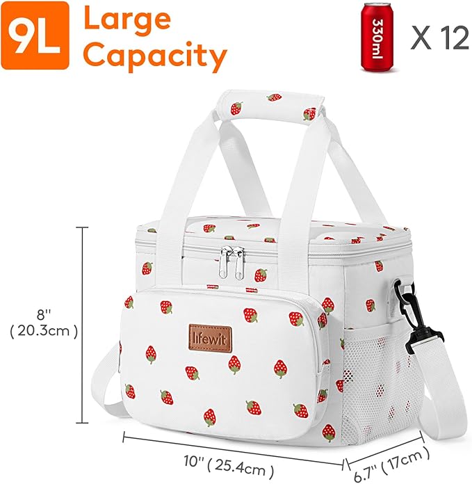 Lifewit Medium Lunch Bag, Insulated Lunch Box, Soft Cooler Cooling Tote for Adult Men Women, Strawberry 12-Can (9L)