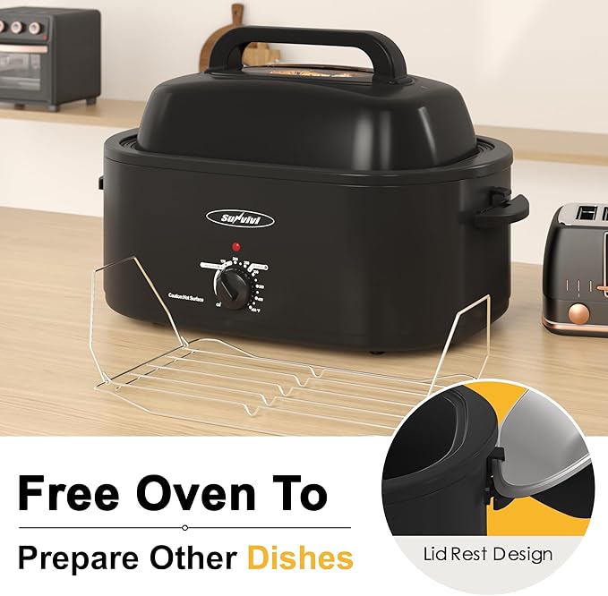 Sunvivi Roaster Oven, Electric Roaster Oven with Viewing Lid, 28lb 24-Quart Turkey Roaster with Unique Defrost/Warm Function, Large Roaster with Removable Pan & Rack, Stainless Steel, Black