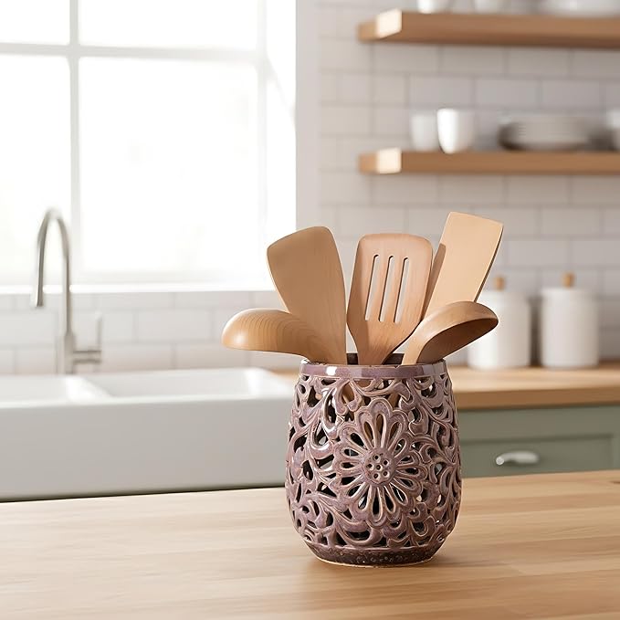 Farmhouse Kitchen Utensil Holder for Kitchen Counter, Ceramic Large Cooking Utensil Crock with Cork Mat, Countertop Cooking Tool Spatula Organizer, Purple Antique Design