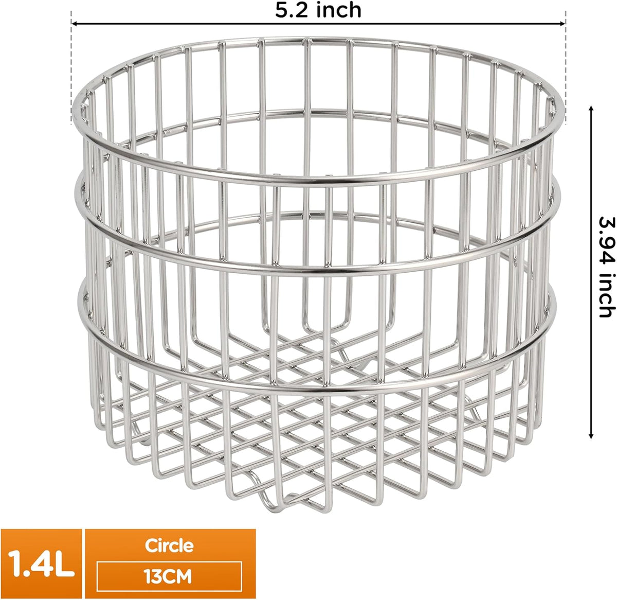 304 Stainless Steel Wire Mesh Fruit Basket Colander, 1.4L Countertop Storage Organizer for Fruits, Vegetables, Snacks.d 5.2x 3.94 in (Ø13cm,Circle)