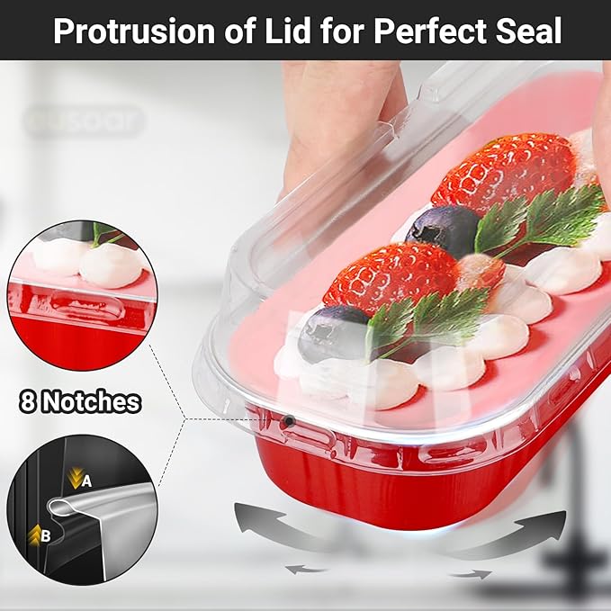 EUSOAR Disposable Ramekins with Lids, 25pcs 6.8oz 6.5"x2.5"x1.2" Aluminum Foil Mini Loaf Pans with Lids，Rectangle Cupcake Baking Cups Containers Wrappers, Dessert Cheesecake Creme Brulee Ramekins Pan