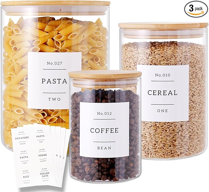 3 Pcs Glass Canisters with Airtight Bamboo Lids and 42 Kitchen Pantry Labels Preprinted - Clear Glass Flour and Sugar Storage Container Set - Large Glass Jars with Wood Lids(100 OZ/54 OZ/27 OZ)