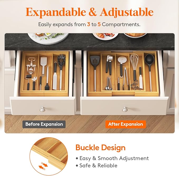 Lifewit Silverware Drawer Organizer, Expandable Cooking Utensil Tray, Adjustable Plastic Storage for Spoons Forks Knives, Large
