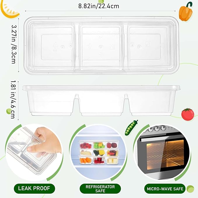 Hushee 25 Pack 17 oz Small Meal Prep Containers with 3 Compartments Snack Containers with Lid Disposable Plastic Bento Box Travel Lunch Food Boxes Stackable for Office Picnic (Clear)