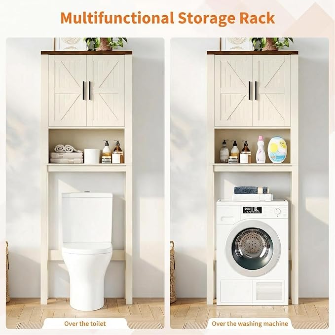 IDEALHOUSE 23.6 Inches Wide Toilet Rack with Over The Toilet Storage Cabinet, Bathroom Shelf Organizer with Anti-Tip Device, Small Freestanding Space Saver with Adjustable Shelf (Beige 23.6" W)