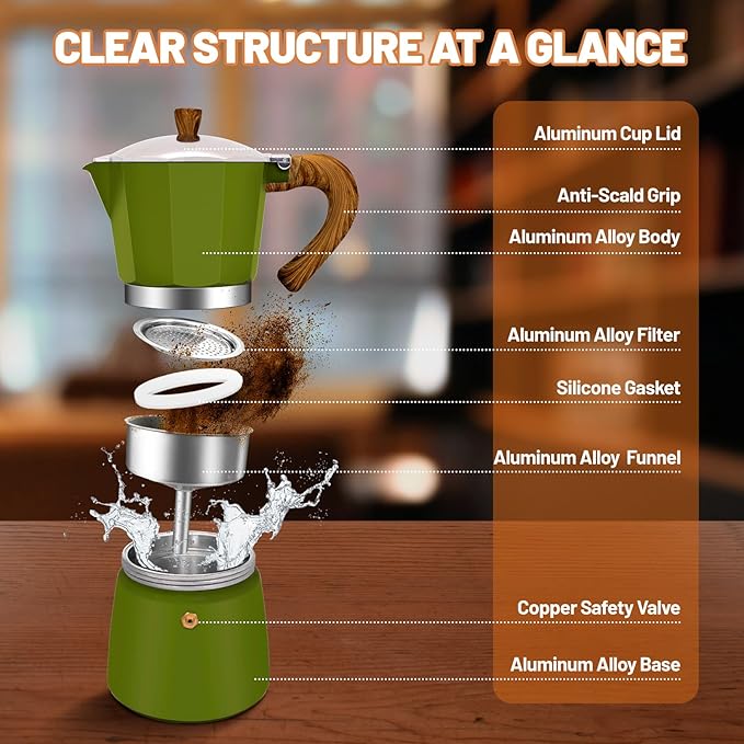 6 Cup Aluminum Espresso Stovetop Moka Pot Express Coffee Maker Percolator Italian Classic Mocha Coffee Machine for Italian and Cuban Cafe Brewing for Home & Camping 300ml 10oz