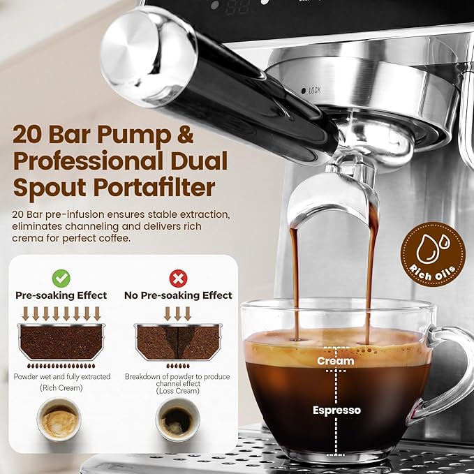 Touchscreen Espresso Machines with Timer 20 Bar Expresso Coffee Machines Professional Stainless Steel Coffee Maker with 51oz Water Tank for Latte Americano, Cappuccino Machine for Home Office