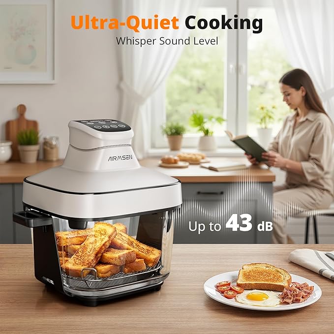 AIRMSEN 6.3 QT Glass Air Fryer Non-Toxic, 4 Presets & Manual Control, 105–400℉ Precise Heat, 95% Less Oil, Auto-Pause & Resume, Microwave & Dishwasher Safe Glass Container for Family Meals