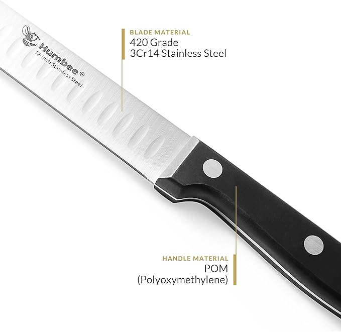 12 Inch Carving Knife with Razor Sharp Granton Edge for Brisket BBQ Meat and Turkey Cutting – Stainless Steel Blade with Ergonomic POM Handle – Long Slicing Knife for Kitchen and Grill