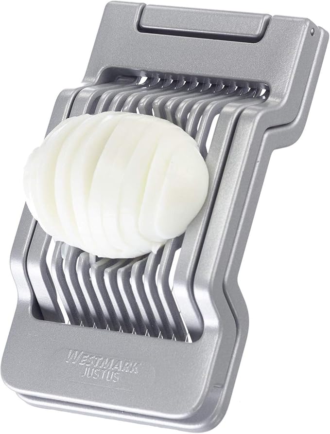 Westmark Egg Slicer Justus for Hard Boiled Eggs with Individually Tensioned Stainless Steel Wire Cutters, German Heavy Duty Aluminium Slicer for Round & Oval Eggs, Dishwasher Safe, Grey