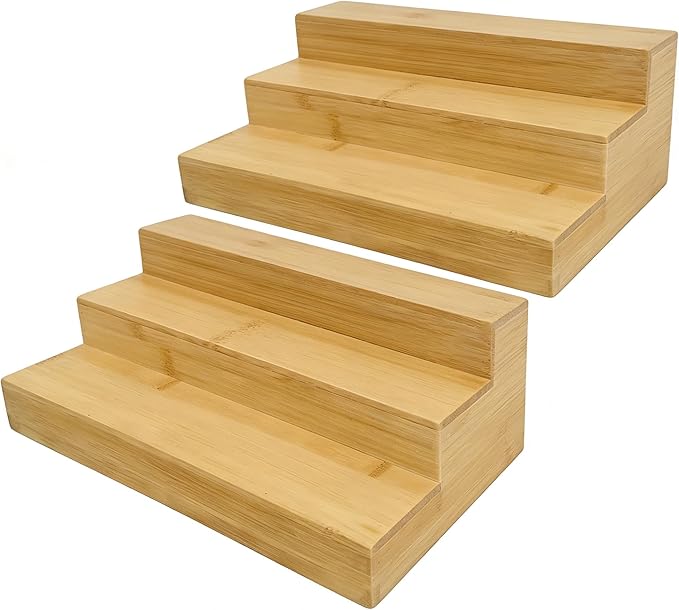 Spice Rack Organizer for Cabinet, Bamboo Spice Shelf 3 Tier Step for Cabinet & Countertop, Kitchen Pantry Storage for Seasonings, 2 Pack
