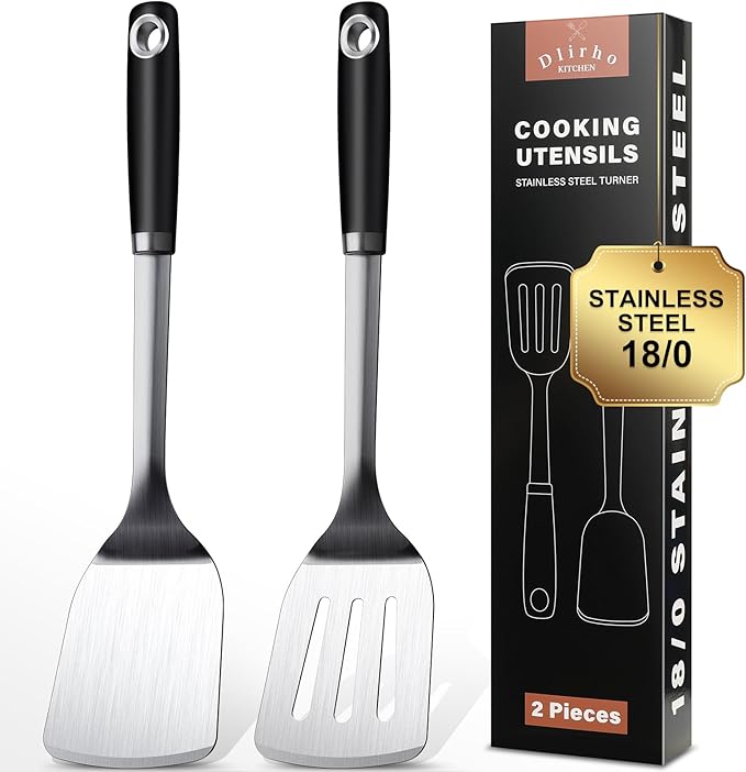 Stainless Steel Spatula Set, 2 Piece Heavy Duty Turner/Metal Spatula, High Heat Resistant Kitchen Cooking Utensils, Ideal Cookware for Frying Steak, Fish, Eggs or Pancakes