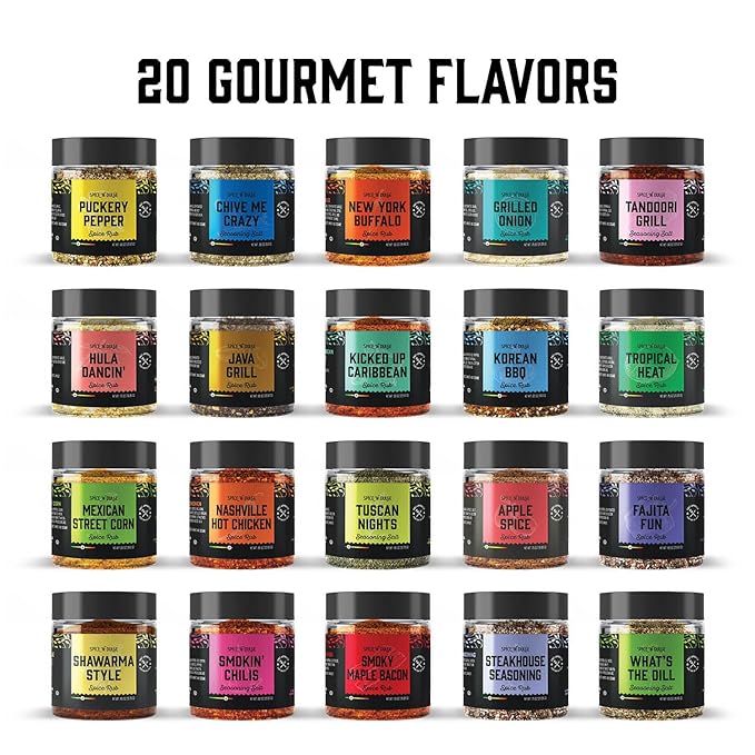Grilling Spice Set Grill Seasoning Gifts, 20 Unique Spices and Seasonings Jars Gift Set, BBQ Gifts For Men, Dad, Husband, Father, Flavors Like Chili, Cajun, Garlic, Steak, Rub, Herbs, Blend and More