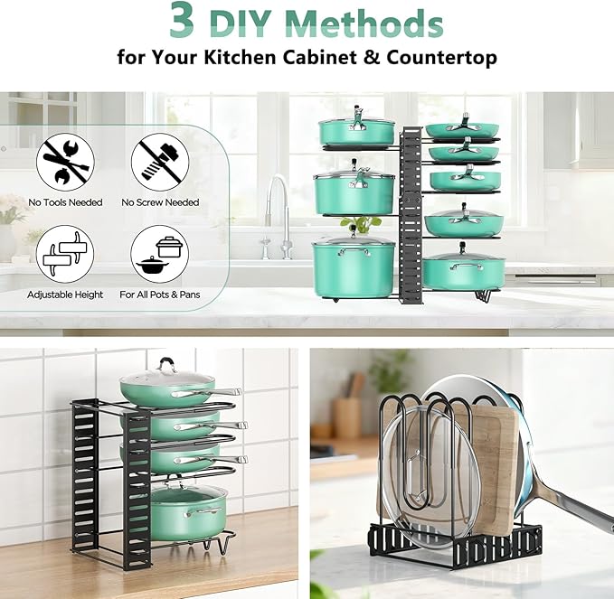 ORDORA Pots and Pans Organizer under Cabinet, 8 Tier Pot Organizers Rack Expandable 11.65" to 19.02" Height with 3 DIY Methods, Adjustable Pan Organizer inside Cabinet Kitchen Storage Organization