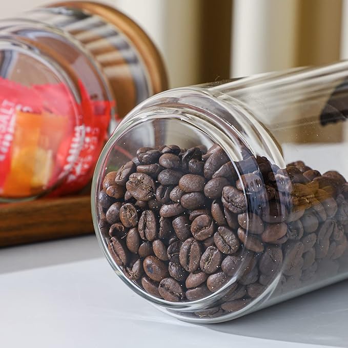 Glass Storage Jars Set of 3, 25 OZ HIgh Borosilicate Glass Containers Kitchen Food Canisters with Acacia Wood Lids for Coffee Beans/Sugar/Tea/Nuts