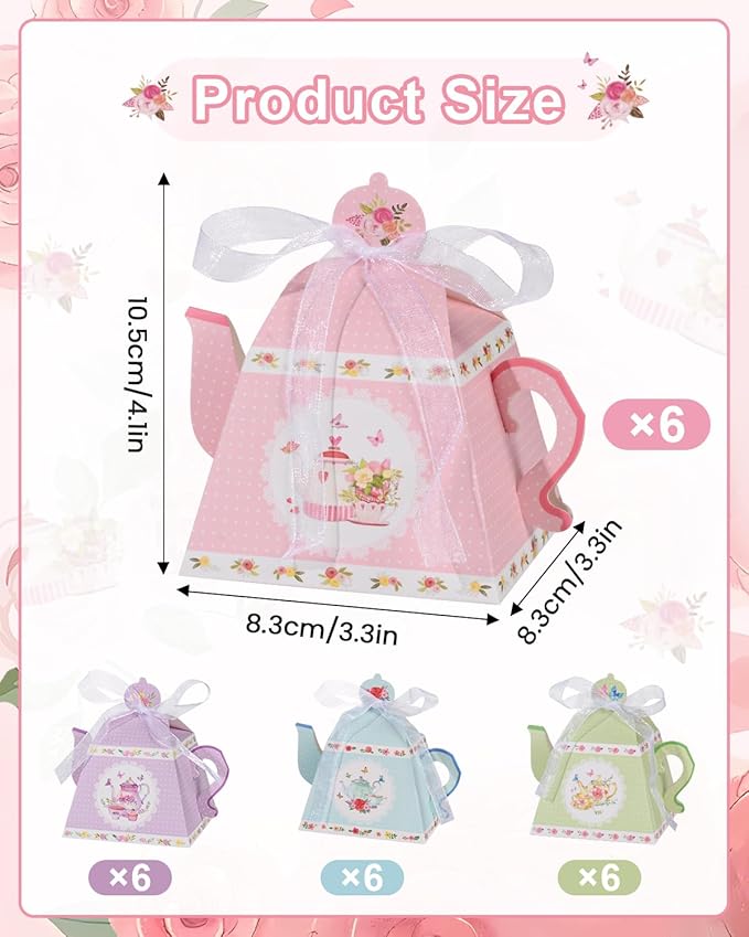 Liobelon 24 Pieces Floral Tea Party Favors Boxes Centerpiece Table Decoration Teapot Favor Boxes Tea Party Treat Gift Boxes Goodie Treat Bags Candy Boxes for Wedding Baby Shower Tea Party Decorations