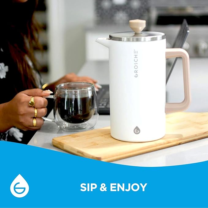 GROSCHE Dub'lin Stainless Steel Coffee Maker French Press 8 Cup | 34 FL Oz Coffee Press, 18/8 Double Walled Stainless Steel French Press Coffee Maker - Hot/Cold Brew | Stainless French Press - WHITE