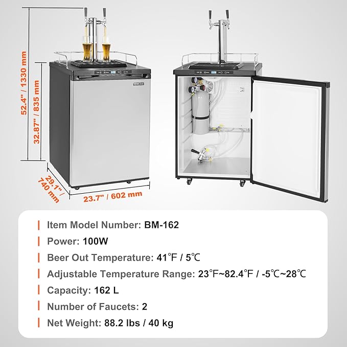 VEVOR Beer Kegerator, Dual Tap Draft Beer Dispenser, Full Size Keg Refrigerator With Shelf, CO2 Tank(No Gas), Drip Tray & Rail, 23°F- 82.4°F Temperature Control, 162L, Silver