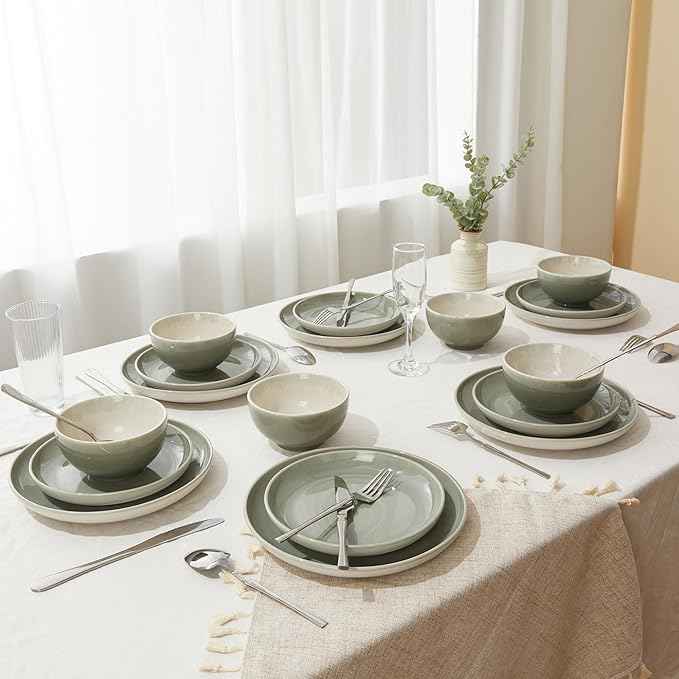 Plates and Bowls Sets for 8, 24 Piece Dinnerware Set for Large Families & Entertaining, Elegant Design, Dishwasher & Microwave Safe, Chip Resistant and Durable, Gray Green